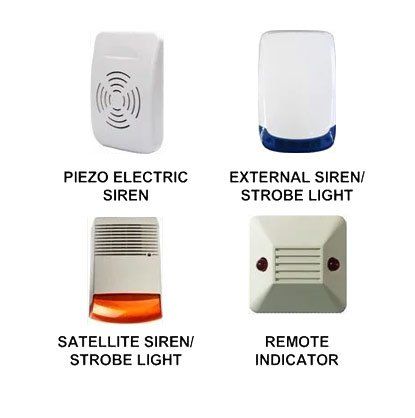 Four types of security alarms: piezo siren, external siren/strobe light, satellite siren/strobe light, and remote indicator.