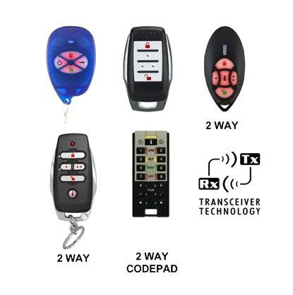 Five different car remote key fobs and a codepad with transceiver technology icon.