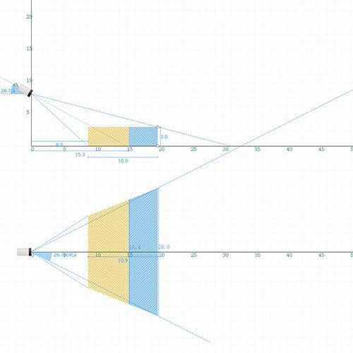 Diagram of a rectangular object viewed from two perspectives, top and bottom. The object is divided into yellow and blue sections. Lines project from a point towards the object.