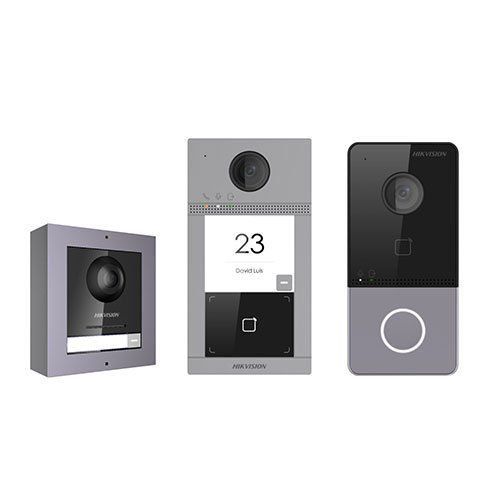 Three different smart doorbells: gray and black, with cameras and buttons.