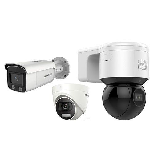 Three security cameras: bullet, dome, and PTZ, all white and black, for surveillance.