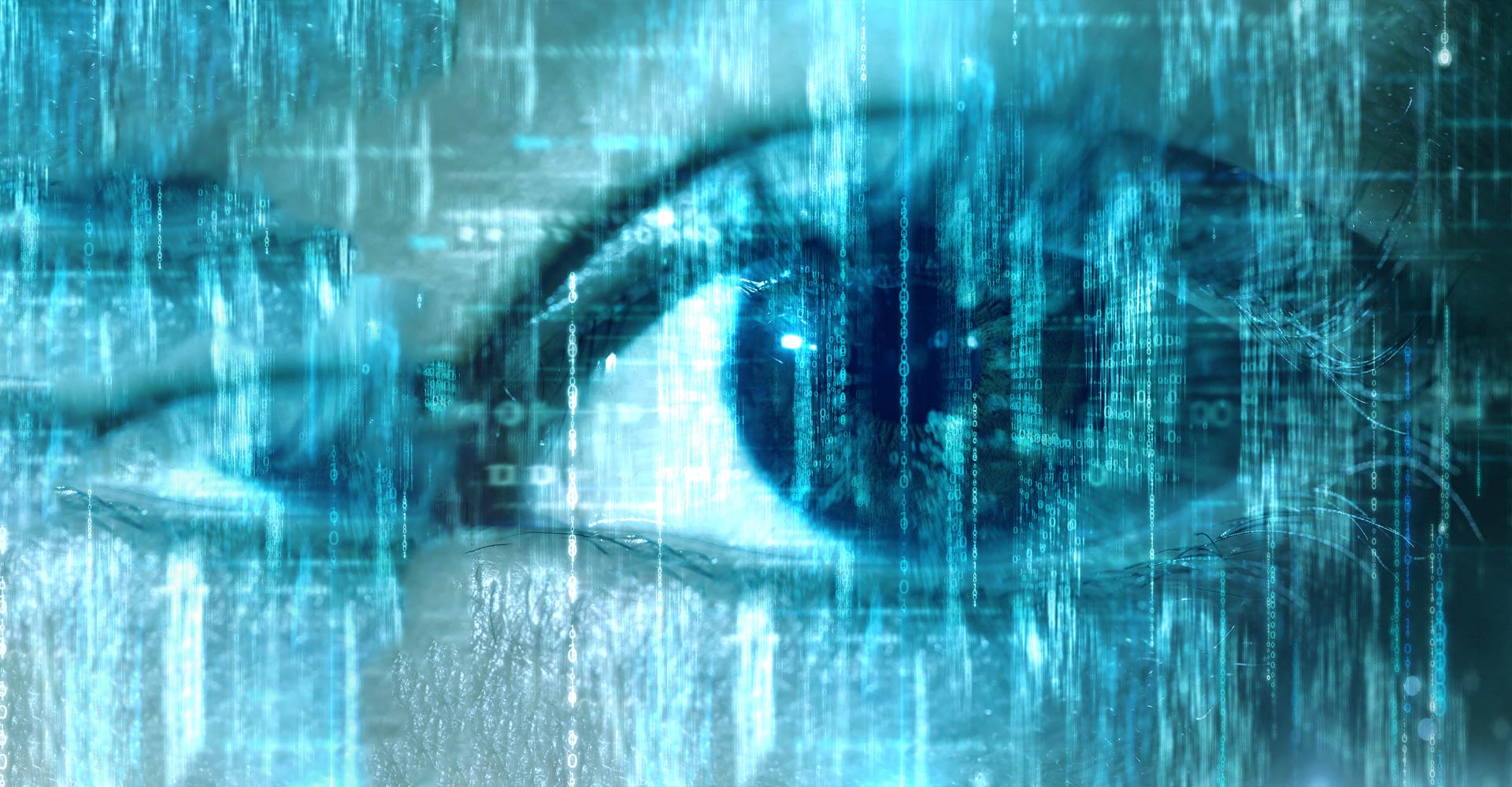Blue eye with overlay of digital code.