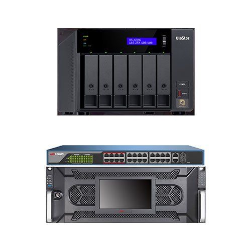 Network server rack with NAS, switch, and control panel. Black, gray, and blue.