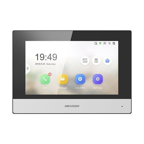 Hikvision video intercom screen displaying time, date, and app icons with a white and black border.