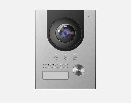 Silver intercom panel with camera, buttons, and speaker.