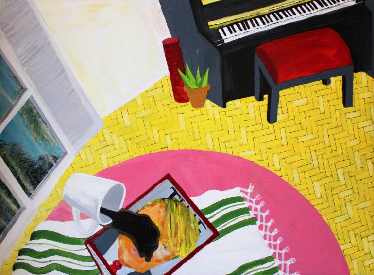 Bad News on Tuesday Morning by Natalia Lewandowska © Bad News on Tuesday Morning Natalia Lewandowska © painting modern art @natalia.lewandowska.art @natalia.lew.andowska saatchi portfolio table pink yellow coffee flat London USA