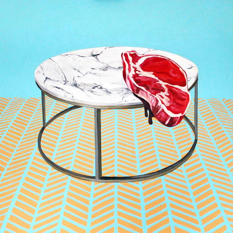 Trump Steaks by Natalia Lewandowska © Trump Steaks Natalia Lewandowska © painting modern art @natalia.lewandowska.art @natalia.lew.andowska saatchi portfolio marble tabletop meat parquet flooring blue background red white yellow meat on table