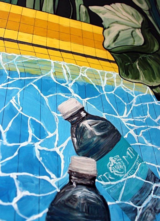 Trump Turnberry III by Natalia Lewandowska © Trump Turnberry Natalia Lewandowska © Triptych painting @natalia.lewandowska.art @natalia.lew.andowska saatchi portfolio swimming pool water yellow kerb water bottle Trump Ice weeds black background yellow