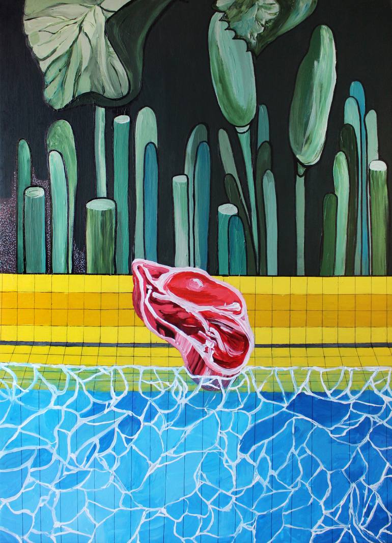 Trump Turnberry II by Natalia Lewandowska © Trump Turnberry Natalia Lewandowska © Triptych painting @natalia.lewandowska.art @natalia.lew.andowska saatchi portfolio swimming pool water yellow kerb meat Trump Ice weeds black background yellow
