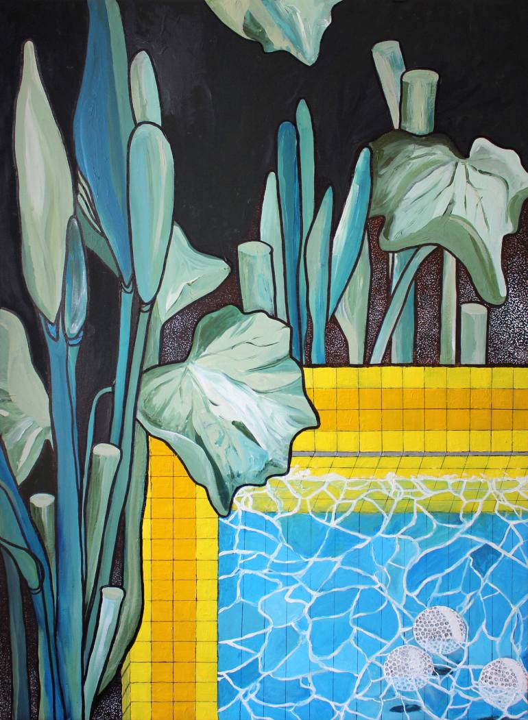 Trump Turnberry I by Natalia Lewandowska © Trump Turnberry Natalia Lewandowska © Triptych painting @natalia.lewandowska.art @natalia.lew.andowska saatchi portfolio swimming pool water yellow kerb water bottle Trump business weeds black background yellow golf balls