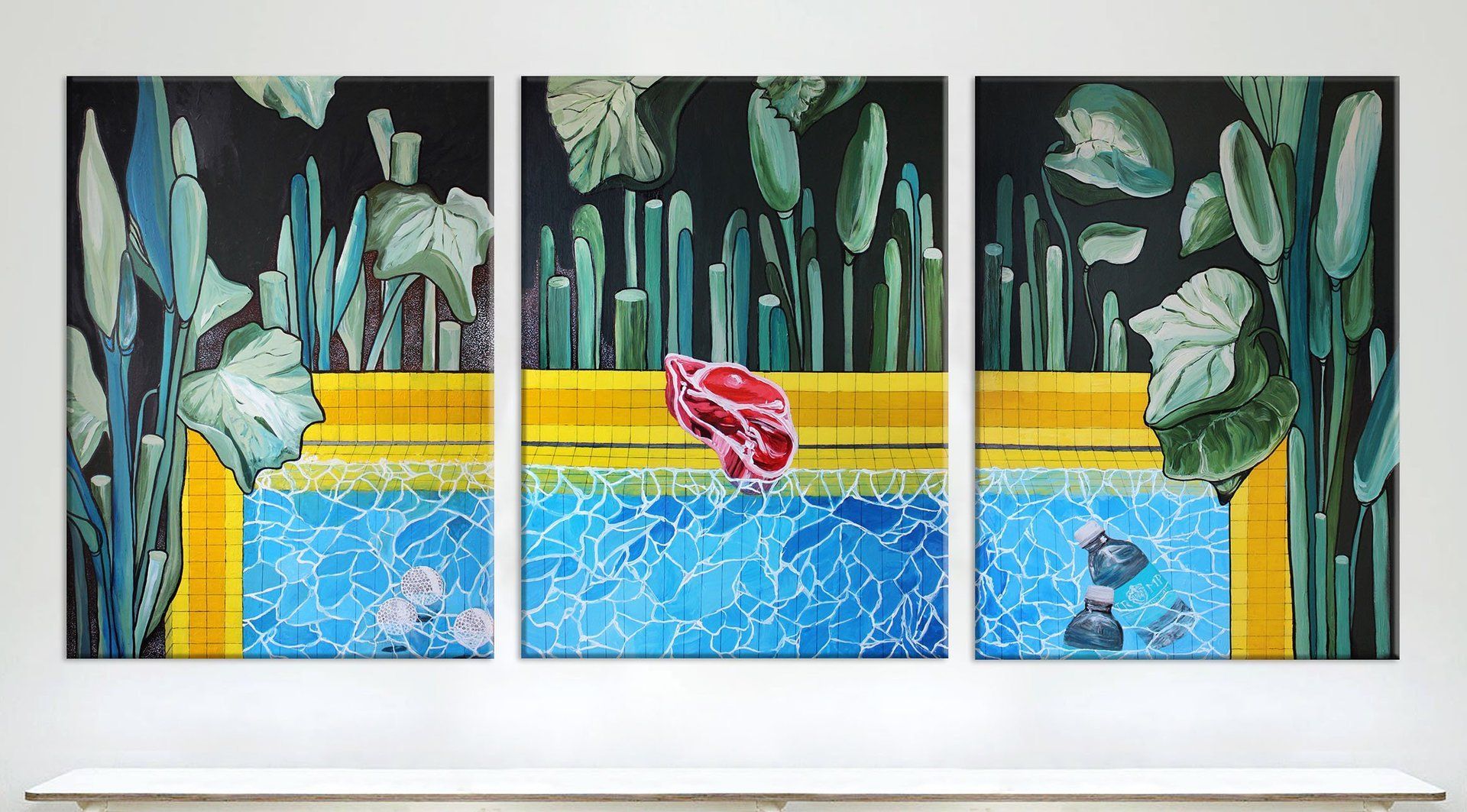 Trump Turnberry III by Natalia Lewandowska © Trump Turnberry Natalia Lewandowska © Triptych painting @natalia.lewandowska.art @natalia.lew.andowska saatchi portfolio swimming pool water yellow kerb water bottle Trump Ice weeds black background yellow