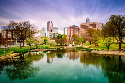 City skyline with lake in Charlotte in North Carolina