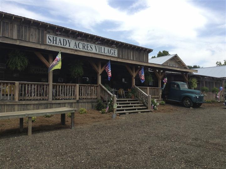 Front entrance of Shady acres village with shady acres sign village sign with 3 flags