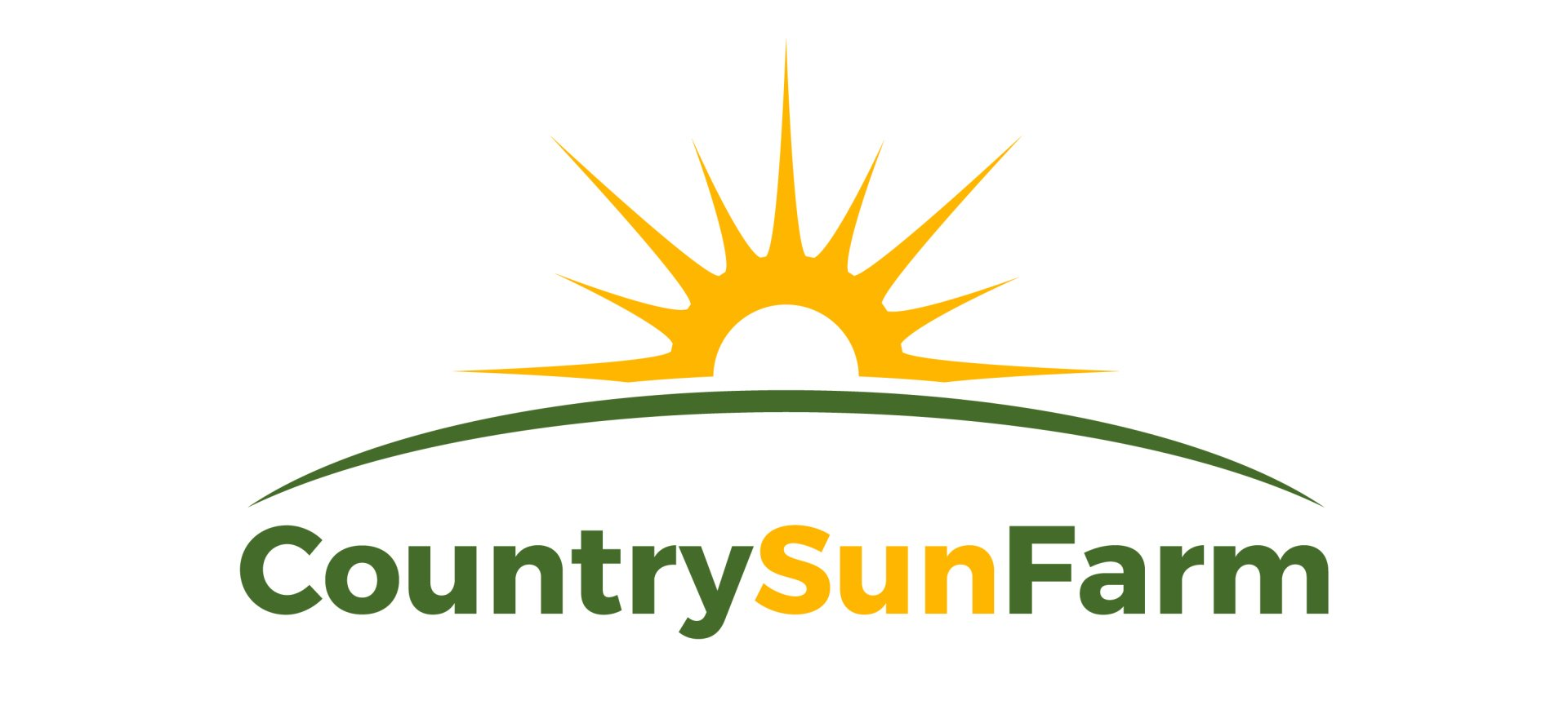 A logo for country sun farm with a sunset in the background