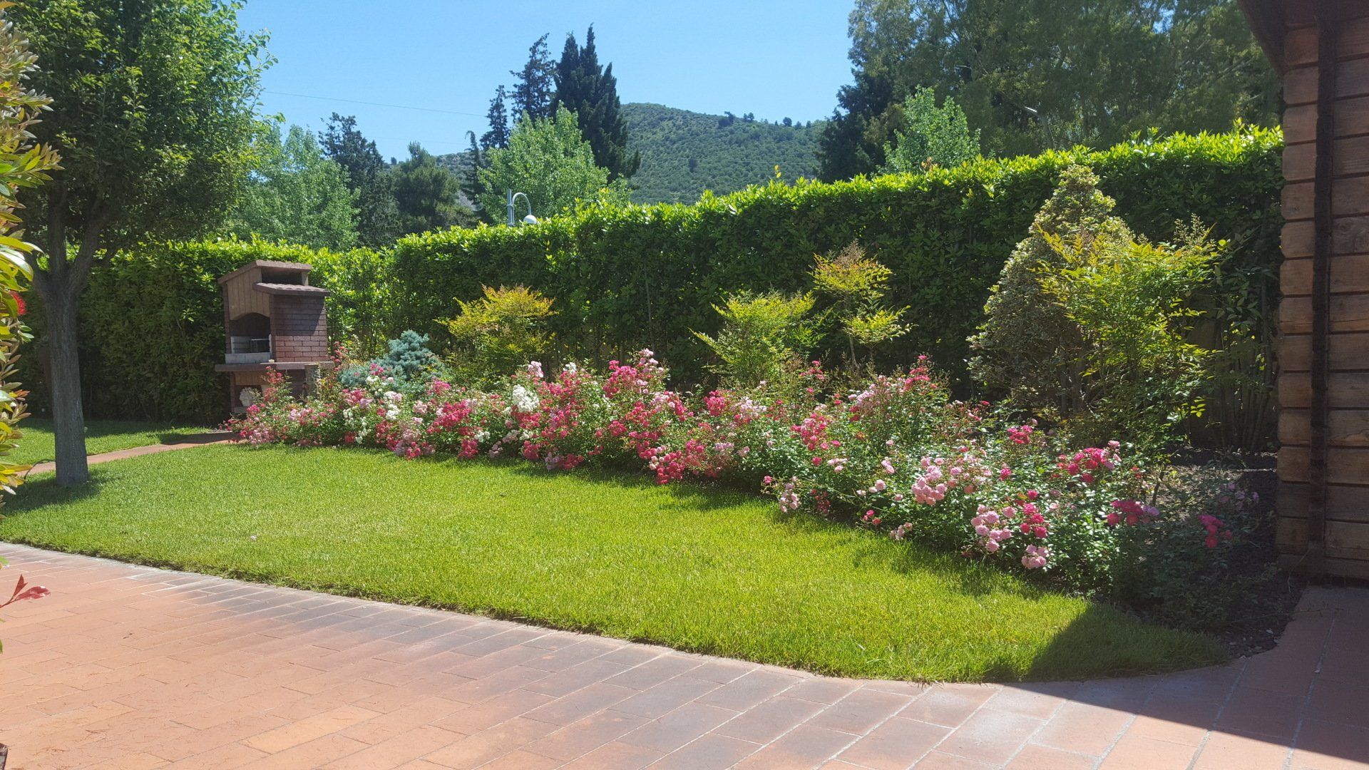 prato appena tagliato con aiuola in fiore