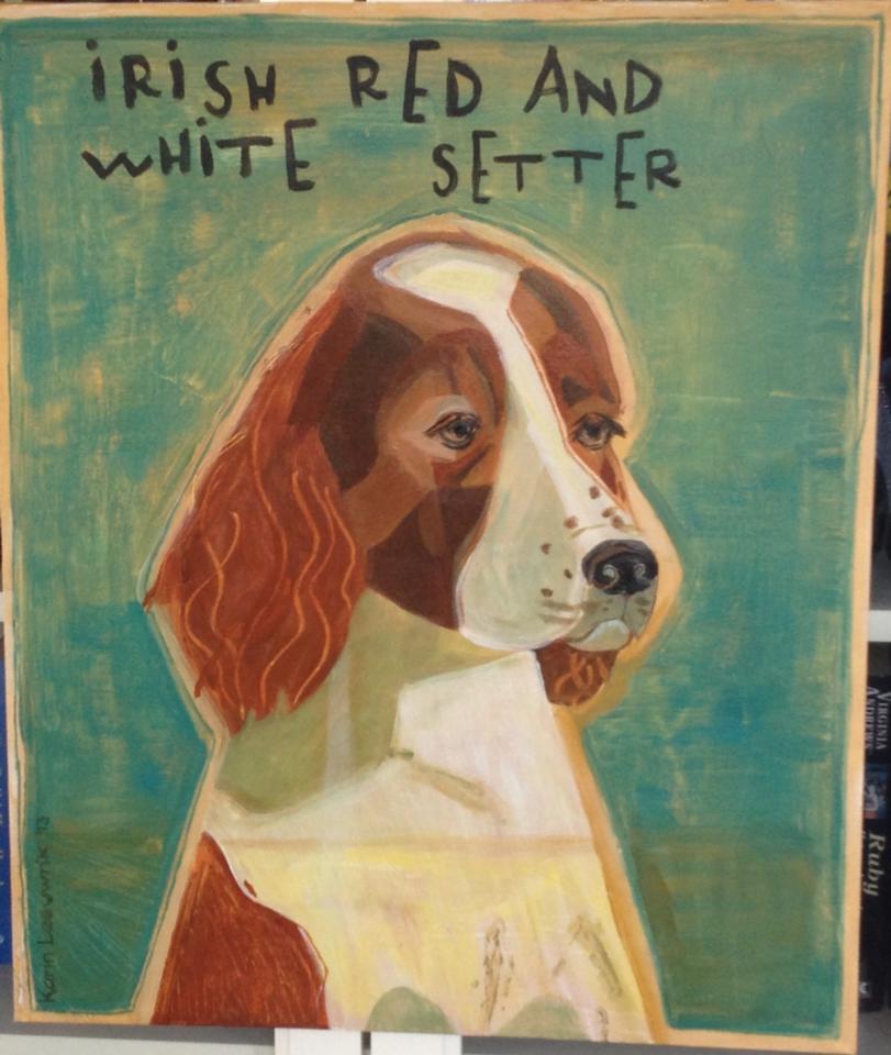 Schilderij van een Ierse rood-witte setter met een turquoise achtergrond en handgeschreven titel.