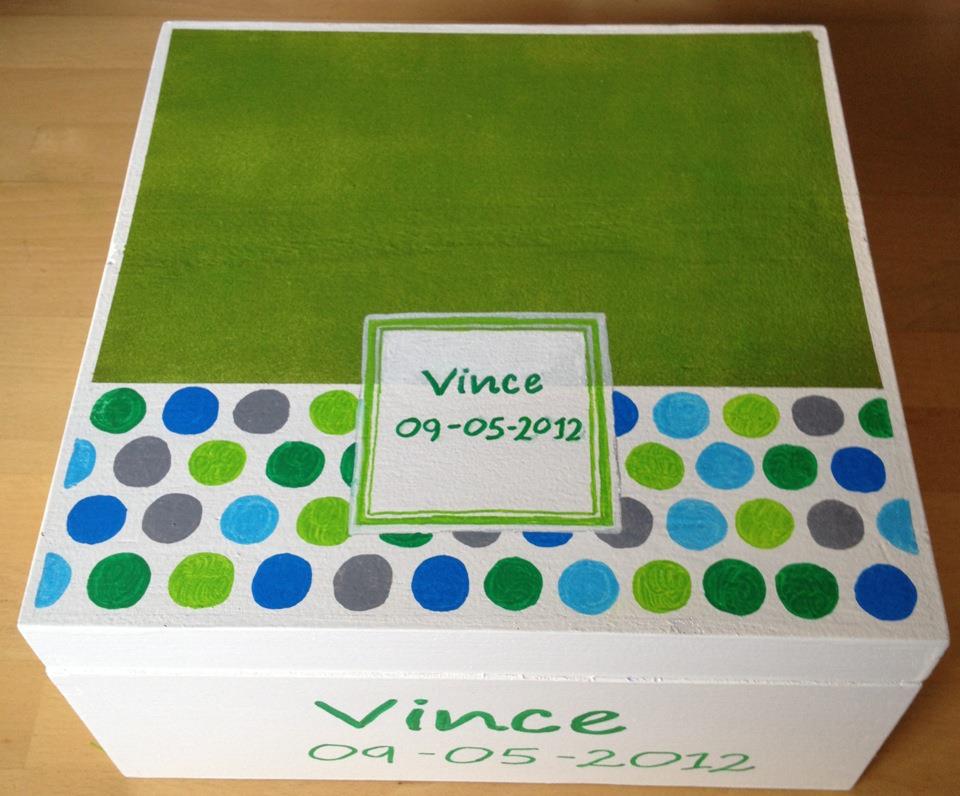 Groen-witte herinneringsdoos met opschrift 