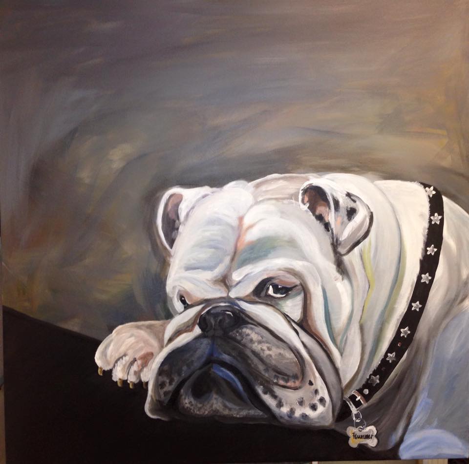 Witte bulldog die zijn kop op een zwart oppervlak laat rusten, met een zwarte halsband met studs