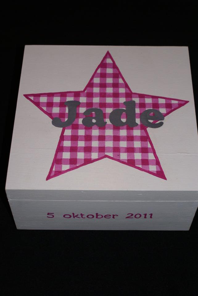 Roze geruite, stervormige geschenkdoos met het opschrift 