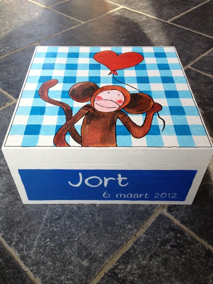 Witte geschenkdoos met een blauw geruite bovenkant, een apentekening, een rood hart en het opschrift 