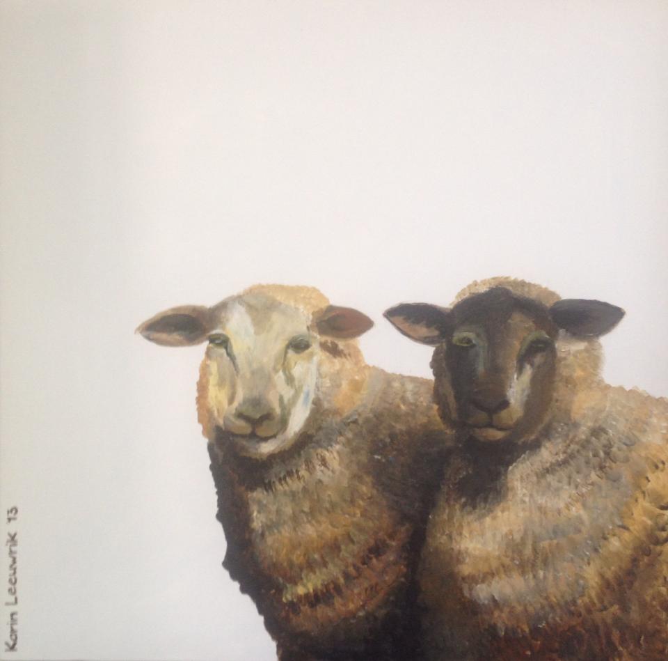 Twee schapen staan ​​naast elkaar, een lichtbruin en een donkerbruin, op een effen witte achtergrond.