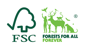 FSC-logo med grønne træ- og dyrelivssilhuetter plus teksten