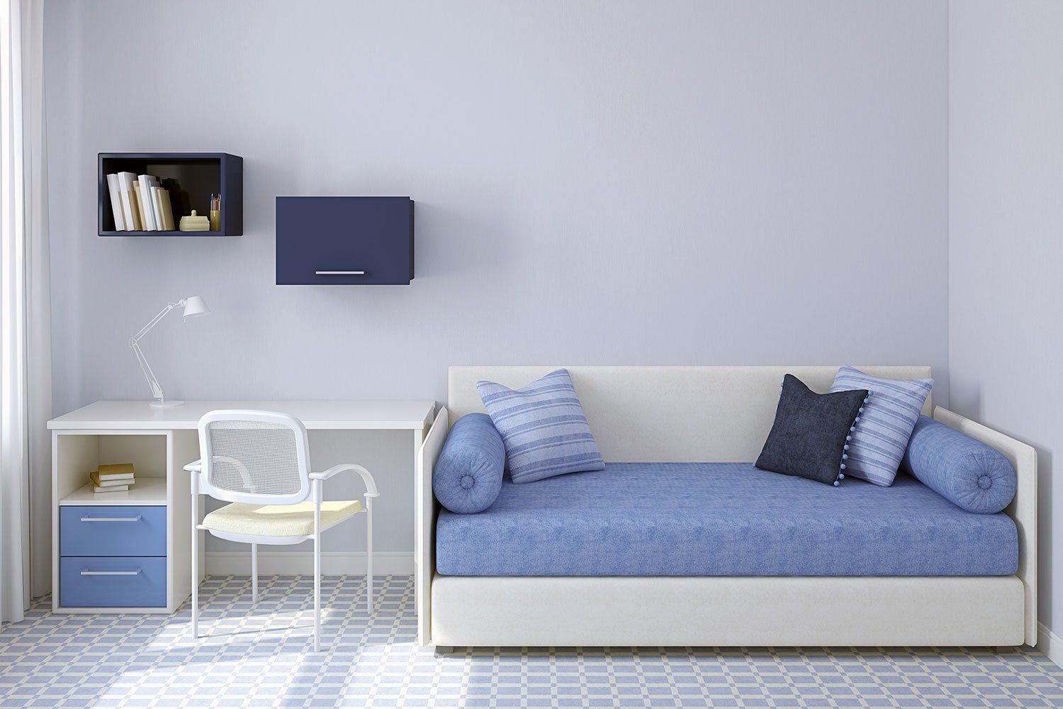 cameretta con divano letto bianco e azzurro