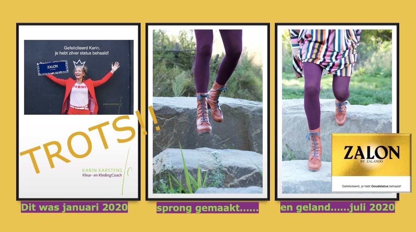Een drieluik dat een transformatie van januari 2020 tot juli 2020 laat zien, met een springende persoon en het Zalon-logo.