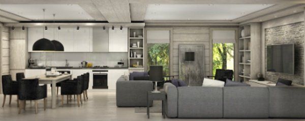 Open-concept living space with a kitchen, dining area, and living room. Neutral colors and modern design.