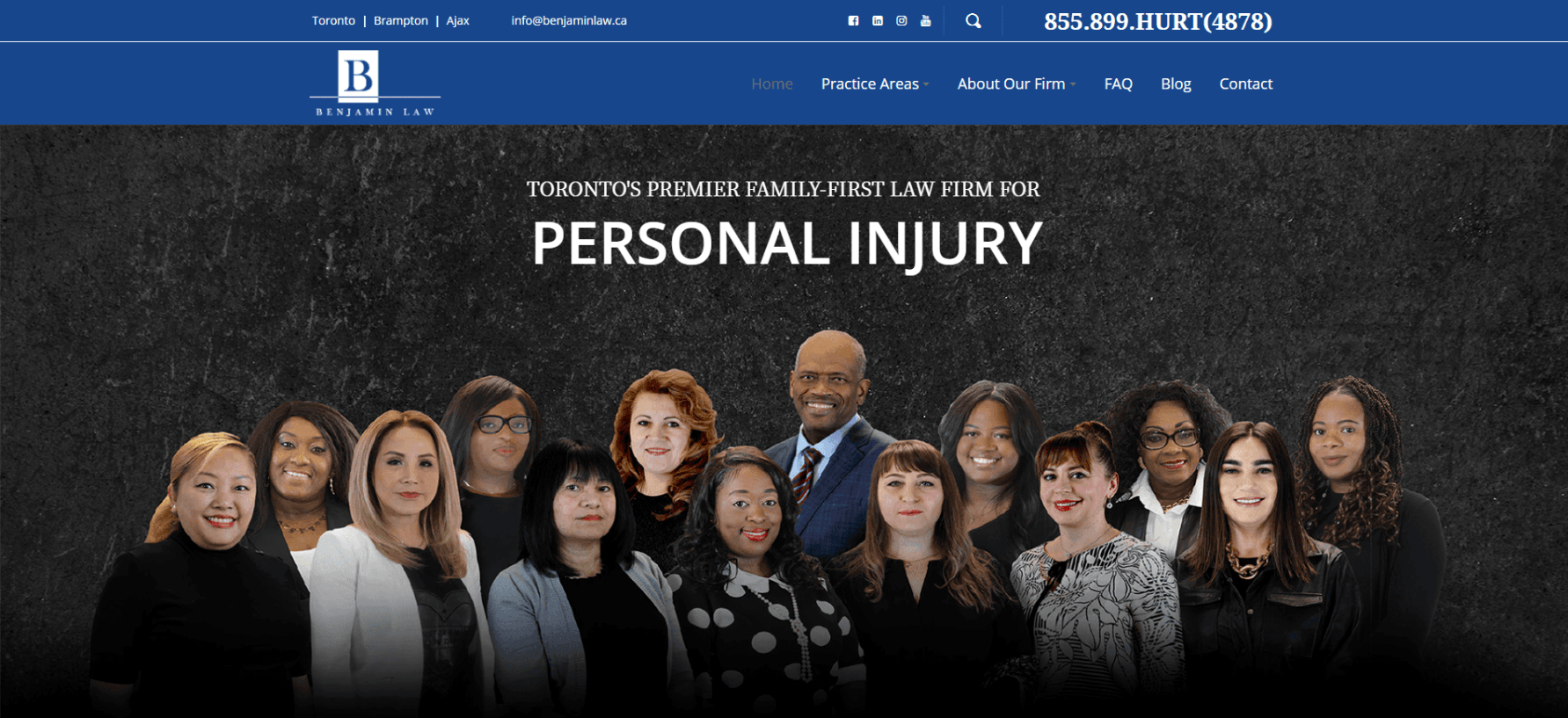 A group of people standing next to each other on a website for a personal injury lawyer.