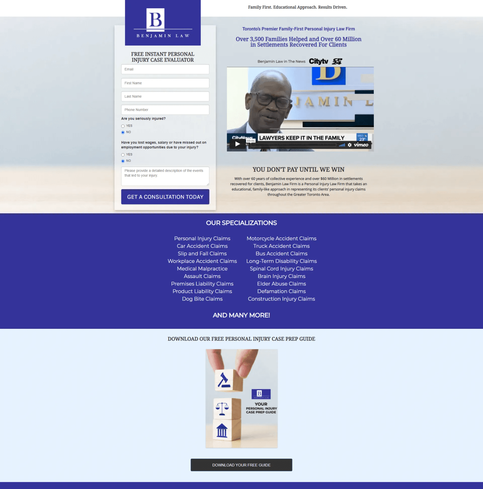 A landing page for a law firm with a man on it