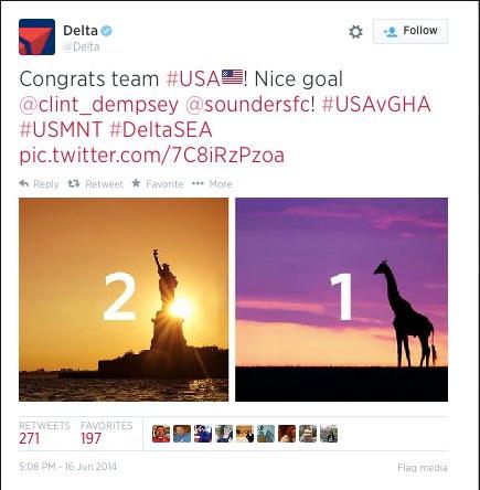 A congratulations tweet from delta airlines shows a statue of liberty and a giraffe