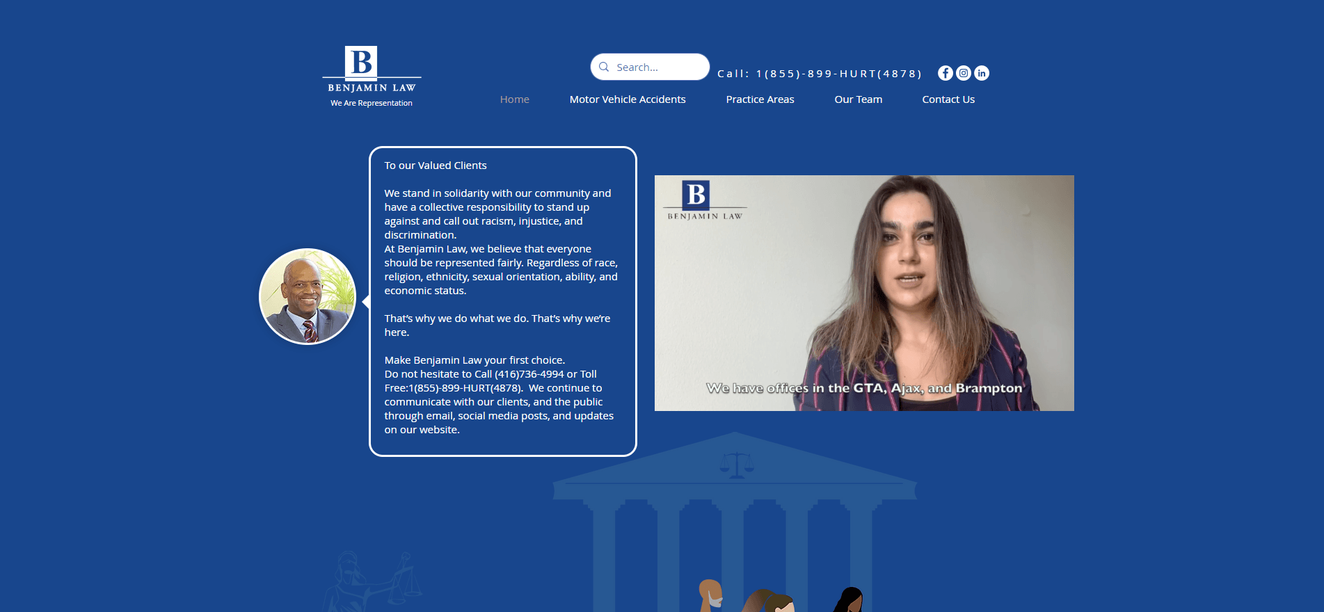 A woman is talking on a video call on a blue background.