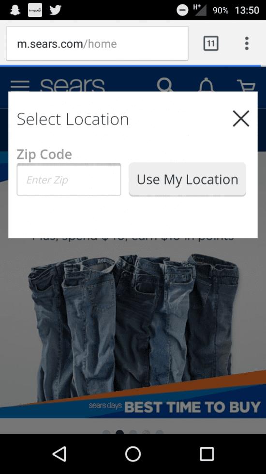 A screenshot of a sears website on a cell phone.