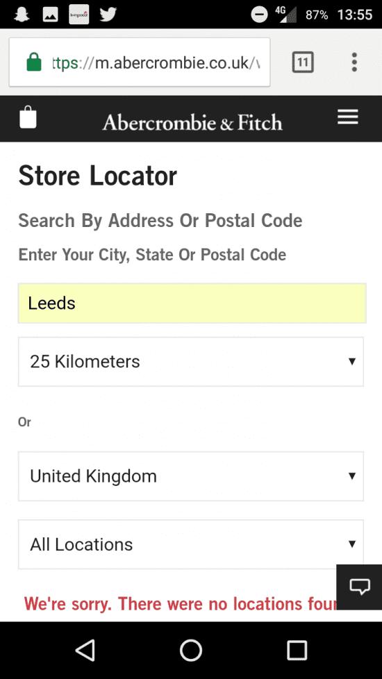 A phone screen shows the store locator page for abercrombie & fitch