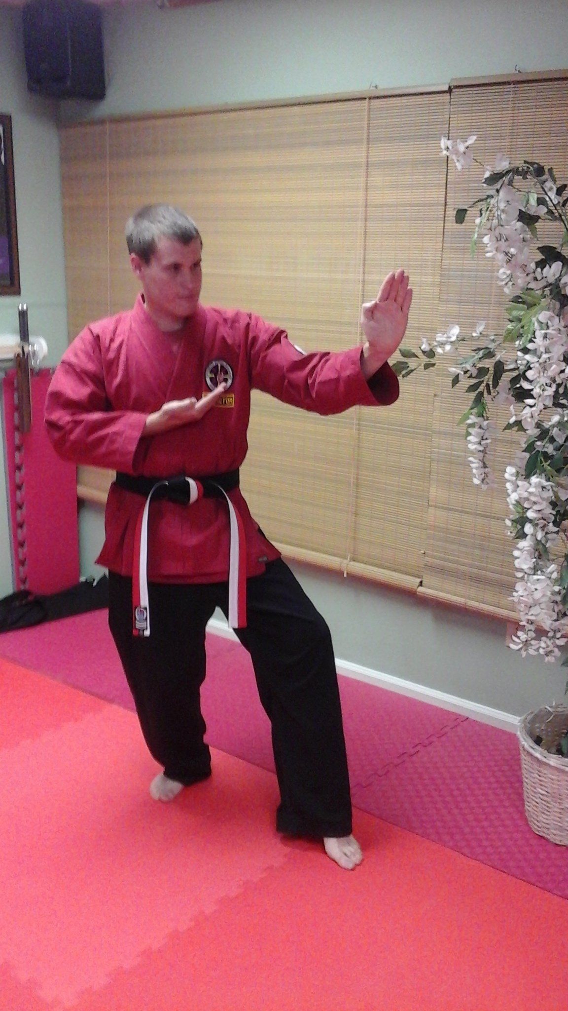 Man in red karate uniform performs a martial arts block on a red mat. Man in red karate uniform performs a martial arts block on a red mat.