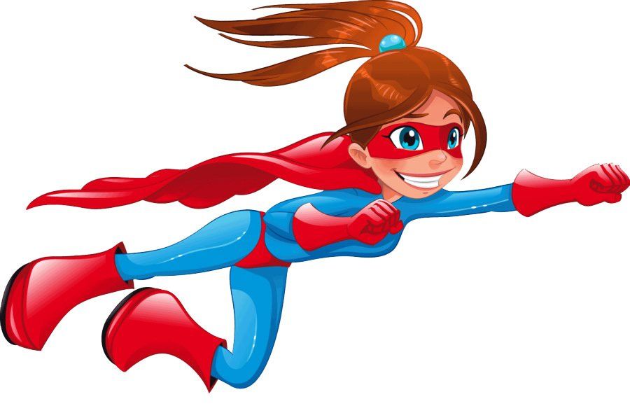 A cartoon girl in a superhero costume is flying through the air.