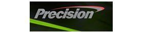 A close up of a precision logo on a black background