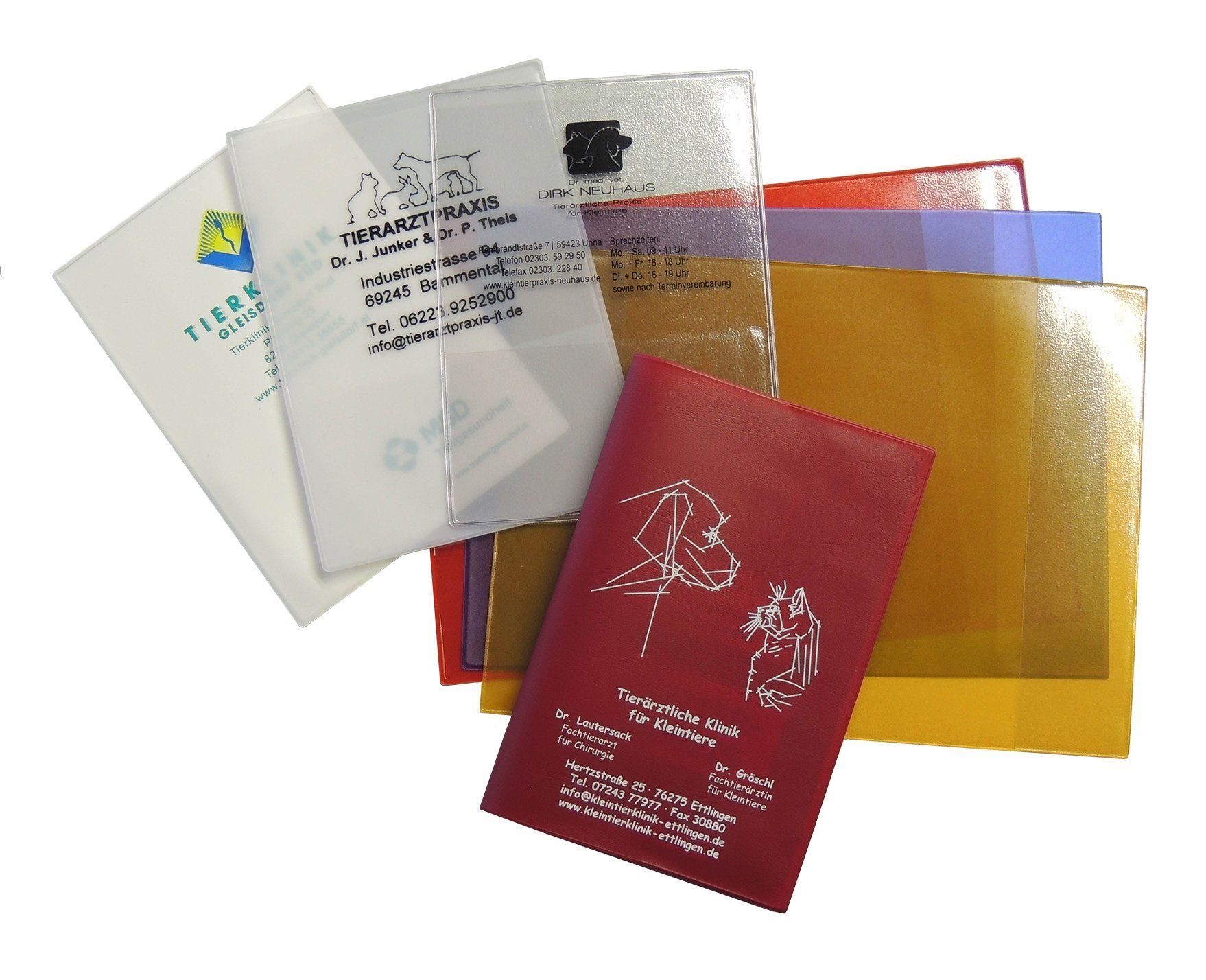 Kunststoffhüllen farbig oder transparent, zum Klappen oder Einstecken, individuell bedruckt, für Tierarztpraxen und -kliniken