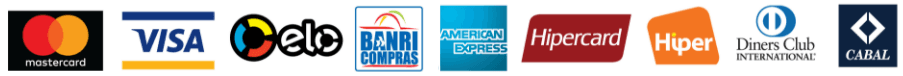 Diversas marcas de pagamento, incluindo Mastercard, Visa, Electron, JCB, American Express e Diners Club.
