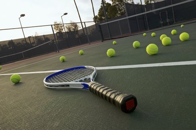 a lots of tennis ball and a tennis racket