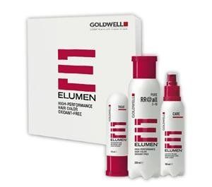 Set di tinte per capelli Goldwell Elumen con scatola bianca e tre flaconi, rosso e bianco.