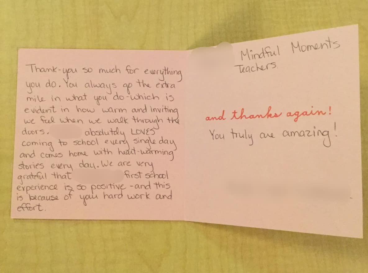 A thank you card is open to a page that says mindful moments