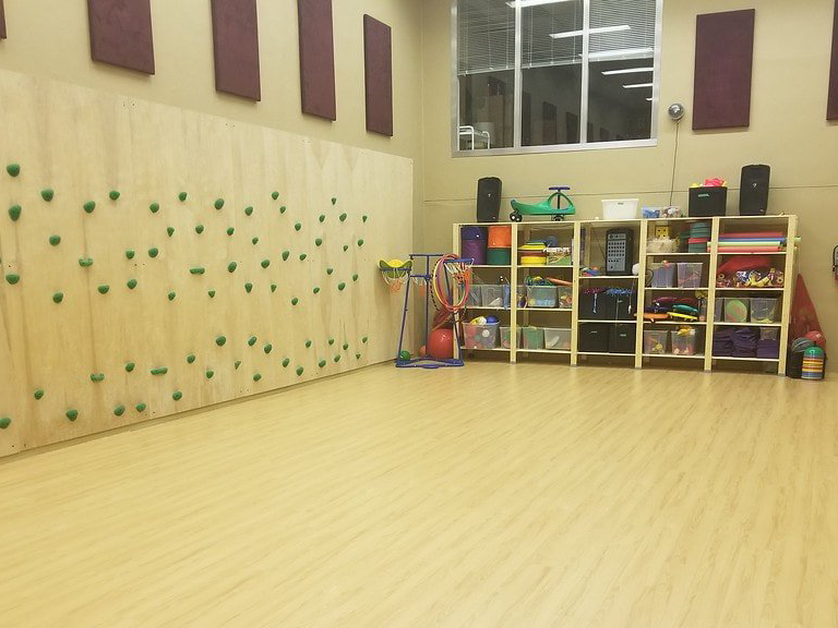 A large room with a climbing wall and shelves filled with toys.