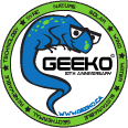 A geeko logo with a blue lizard wearing glasses