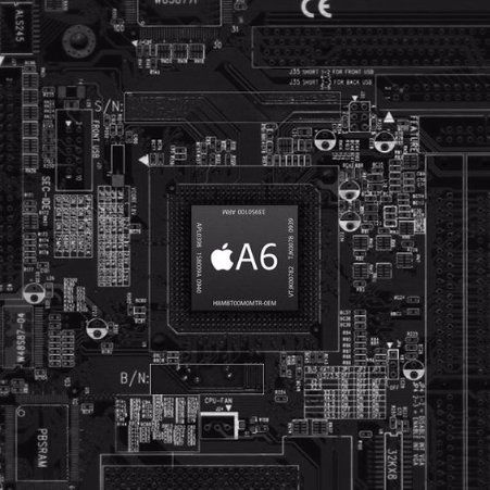 A close up of an apple a6 processor on a motherboard