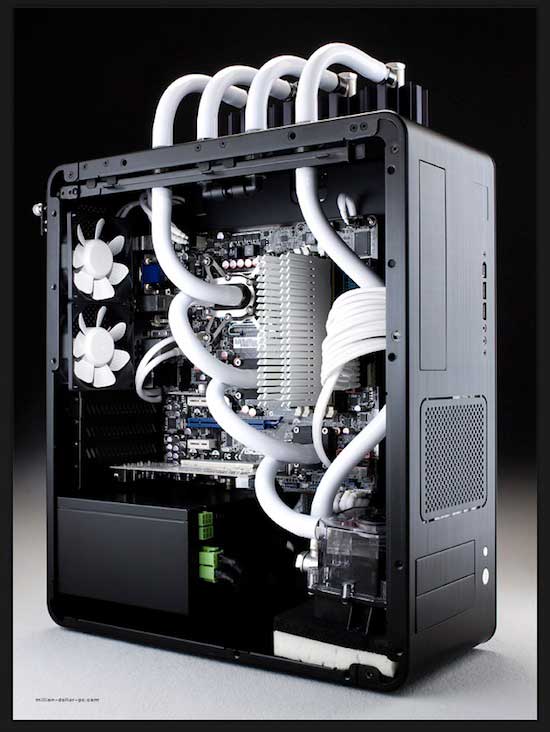 A black computer case with white tubes and fans