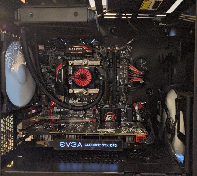 The inside of a computer with an ev3a graphics card