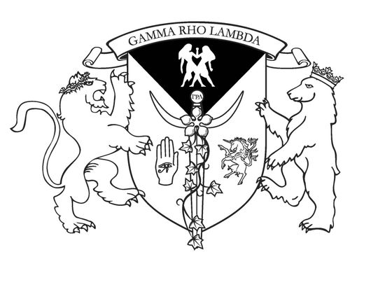 Gamma Rho Lambda crest with lions flanking a central shield and sword. There is ivy running up the sword hilt and Greek letters at the top. The shield has a banner that reads 'Gamma Rho Lambda' at the top.
