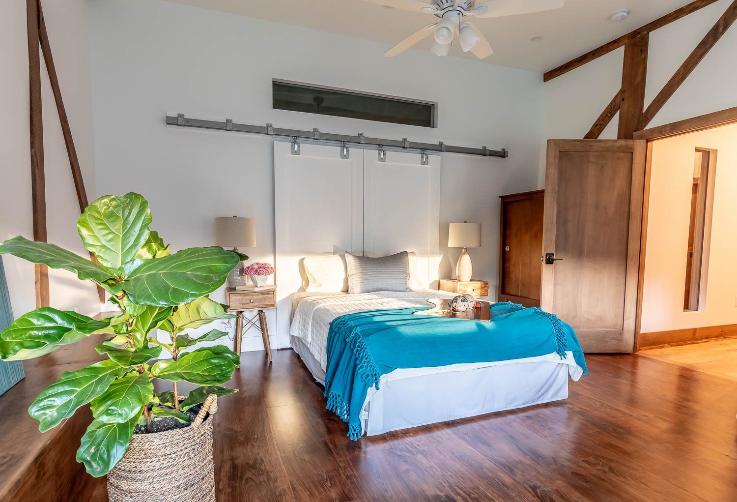 Bedroom with white walls, wooden beams, a bed with teal blanket, and a large houseplant.